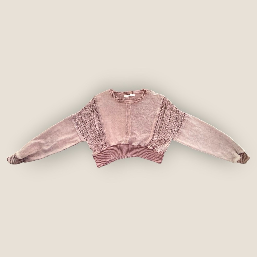 Altar'd State Jenna Oversized Crewneck Crochet Detail Sweater Pink Small Boho